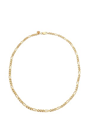 Collier chaîne en or avec des maillons ovales allongés et ronds alternés, sécurisé par un fermoir mousqueton sur un fond blanc uni.