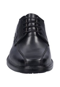 Schwarze Lederschuhe mit glatter Oberfläche, runder Zehenform und klassischem Schnürdesign. Merkmale sind kontrastierende Nähte und eine robuste Gummisohle.