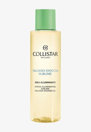 Olejek do prysznica talaso-hydratujący i rozświetlający Collistar Talasso-Doccia Sublime w przezroczystej butelce z zieloną nakrętką na białym tle.