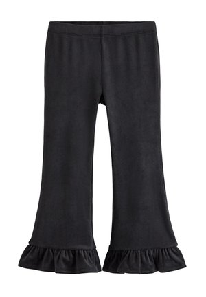 Sorte leggings med vidde, lavet af blødt stof, elastisk taljebånd og flæser ved kanten. Glat tekstur med minimalistisk design.