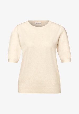 Haut court en tricot de couleur crème avec col rond et manches légèrement bouffantes, doté d'un ourlet ajusté.