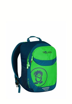 Child-sized backpack in blue and green with front zipper pocket, side mesh pocket, and Trollkids logo on front panel.