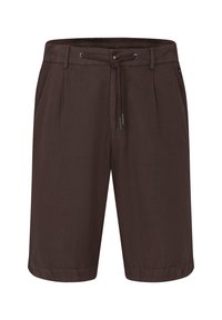 Braune Shorts mit einem Kordelzugbund, Knopfverschluss, Vordertaschen und glatter Textur, mit einem lockeren Schnitt und knielangem Design.