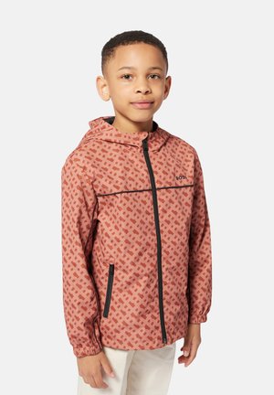 Veste légère de couleur rouille avec un motif géométrique, zip noir et poignets élastiques. Comprend une capuche et des poches latérales.