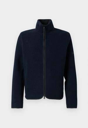 Marineblaue Fleecejacke mit hohem Kragen, durchgehendem Reißverschluss, langen Ärmeln und einer glatten Textur. Verfügt über ein minimalistisches Design ohne sichtbare Muster.