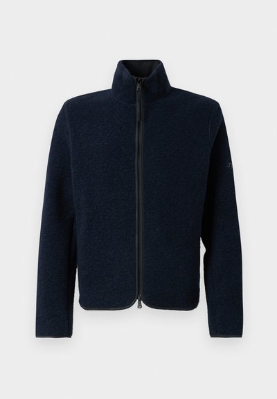Marineblaue Fleecejacke mit hohem Kragen, durchgehendem Reißverschluss, langen Ärmeln und einer glatten Textur. Verfügt über ein minimalistisches Design ohne sichtbare Muster.