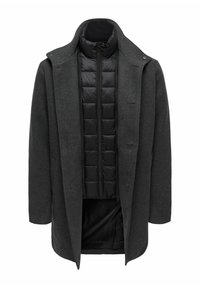 Szary wełniany płaszcz z pikowaną czarną podszyciem, z wysokim kołnierzem, dwoma przednimi kieszeniami i dwurzędowym zapięciem.