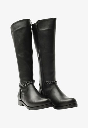 Czarny, sztuczny skórzany botki do kolan z bocznym zamkiem, płaską podeszwą, łańcuszkiem wokół kostki i gładkim wykończeniem.