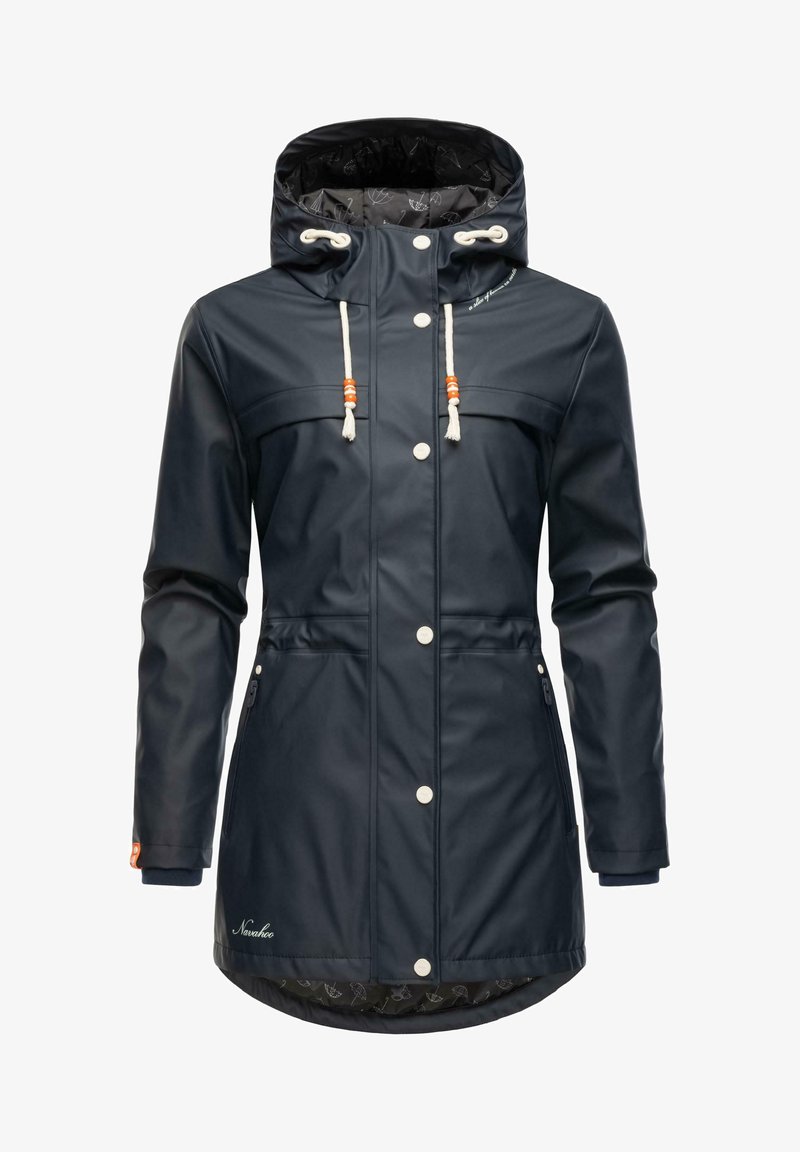 Navy waterproof jacket with a hood, snap buttons, and drawstrings. Features two chest pockets and contrasting interior pattern.
