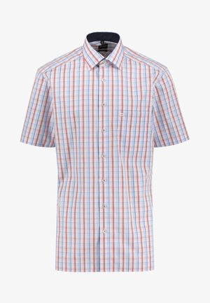 Kurzärmliges Hemd zum Knöpfen mit rot-blau-weißem Karomuster und dunkler innerer Kragenverstärkung.