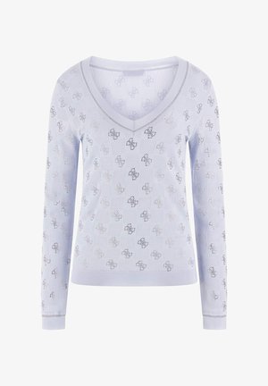 Svetlo modra pletena jopica z V-izrezom in dolgimi rokavi, ki se ponaša z vzorcem majhnih motivov v srebrnih nitkah.