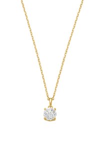 Eine goldene Kette zeichnet sich durch eine zarte Kette mit einem runden, klaren Kristallanhänger aus, der in einer Sechs-Zacken-Fassung eingesetzt ist.