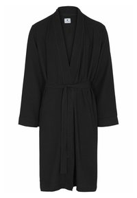 Black waffle-textured bathrobe with a tie belt, long sleeves, and a V-neck collar. Features a simple, unadorned design without embellishments.