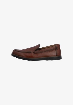 Brown leather slip-on loafer with black rubber sole and subtle stitching details, side view on white background.