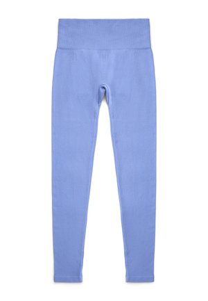 Leggings azzurri con una texture morbida a coste, dotati di una fascia elastica larga in vita e una vestibilità aderente e affusolata lungo le gambe.