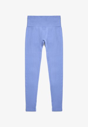 Leggings azzurri con una texture morbida a coste, dotati di una fascia elastica larga in vita e una vestibilità aderente e affusolata lungo le gambe.