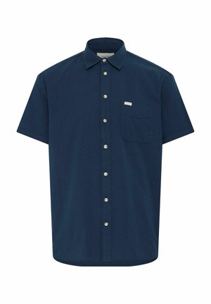 Rövid ujjú, sötétkék ing, struktúrált anyagból készült, gombos elülső részével, két mellzsebével és egy kis logót préselt címkével a bal oldalon.