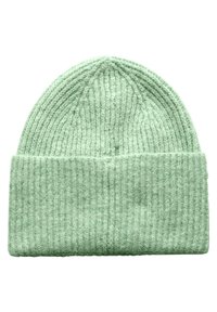 Lichtgroene gebreide beanie muts met een ribbelstructuur en opgerolde manchette. Zacht wolmengsel, ronde bovenkant en zonder zichtbare patronen of hardware.