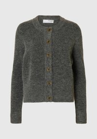 Cardigan grigio realizzato in materiale morbido, con collo tondo, maniche lunghe e sette bottoni marroni lungo la parte anteriore. Senza pattern o dettagli.