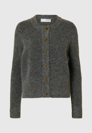 Grå cardigan i mjukt material med rund hals, långa ärmar och sju bruna knappar framtill. Inga mönster eller detaljer.