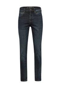Pánské tmavě modré slim-fit džíny s předním zapínáním na knoflík, poutky na opasek a klasickým pětipocket designem na bílém pozadí.
