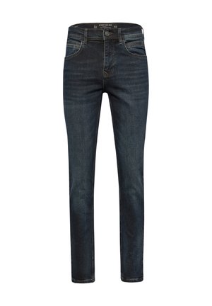 Jeans de corte slim fit para hombre en azul oscuro, con botón frontal, pasadores para cinturón y diseño clásico de cinco bolsillos sobre fondo blanco.