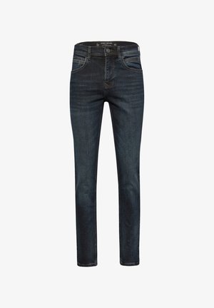 Jeans de corte slim fit para hombre en azul oscuro, con botón frontal, pasadores para cinturón y diseño clásico de cinco bolsillos sobre fondo blanco.