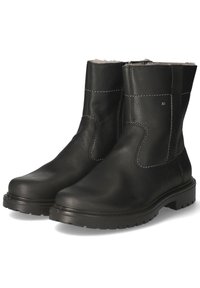 Schwarze Lederstiefeletten mit strukturierten Oberflächen, elastischen Seitenpanelen und einer robusten Sohle. Innenfutter aus weichem Material für zusätzlichen Komfort.