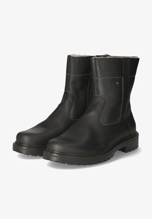 Schwarze Lederstiefeletten mit strukturierten Oberflächen, elastischen Seitenpanelen und einer robusten Sohle. Innenfutter aus weichem Material für zusätzlichen Komfort.