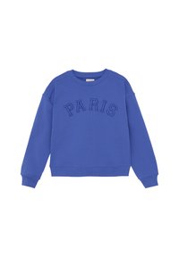 Blå sweatshirt med rund hals, broderad "PARIS" på framsidan, texturerad tyg och ribbade detaljer vid ärmar och nederkant.