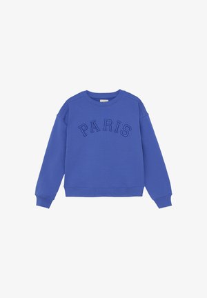 Blå sweatshirt med rund hals, broderad "PARIS" på framsidan, texturerad tyg och ribbade detaljer vid ärmar och nederkant.