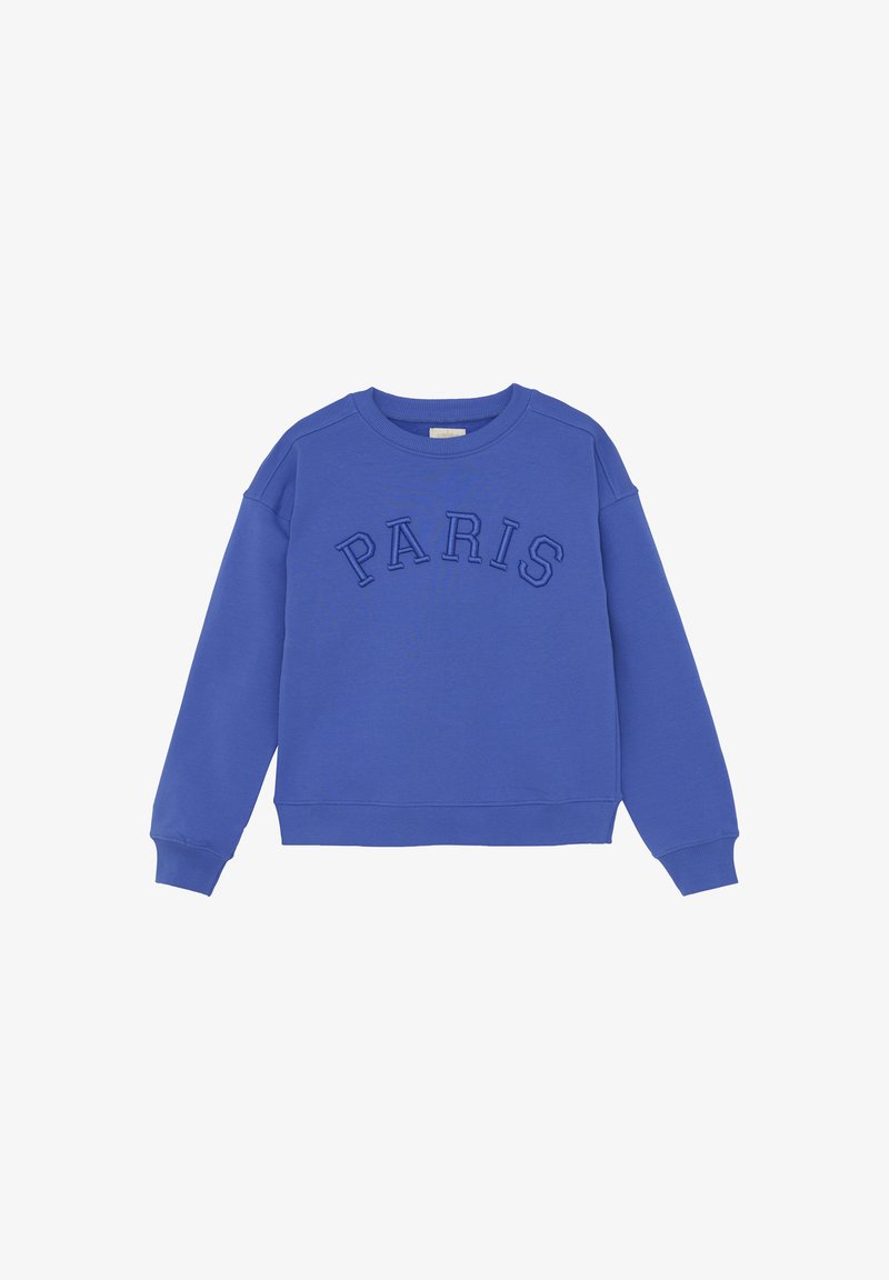 Niebieski sweter z okrągłym dekoltem, haftowany napis "PARIS" z przodu, strukturalna tkanina oraz ściągacze przy mankietach i hemie.