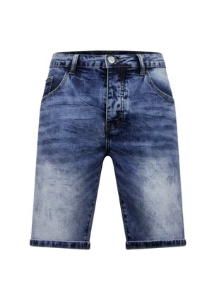 Blauwe denimshorts met een vervaagde wassing, vooraan knoop- en ritssluiting, riemlussen en voorzakken.