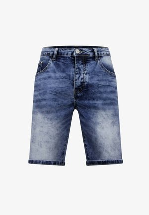 Blauwe denimshorts met een vervaagde wassing, vooraan knoop- en ritssluiting, riemlussen en voorzakken.