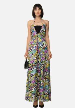 Abito maxi con una stampa floreale e zebratica colorata, caratterizzato da un collo all'americana, corpino aderente e gonna fluente. Accento con borsa nera.