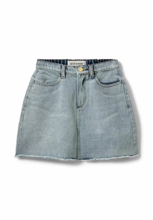 Light blue denim skirt with a high waist, frayed hem, and five-pocket design. Features a gold button closure and contrasting stitching.