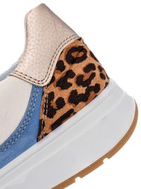Sneaker heel with beige textured leather, leopard print fabric panel, blue suede accent, and thick white sole with brown tread.
