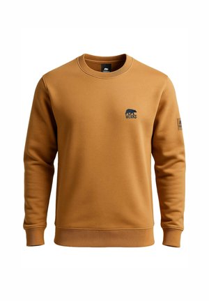 Bruine sweater met ronde hals van zacht materiaal, voorzien van ribgebreide manchetten en zoom, met een klein berenlogo en "WORKS" in donkerblauw op de borst.