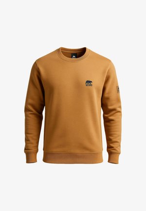 Bruine sweater met ronde hals van zacht materiaal, voorzien van ribgebreide manchetten en zoom, met een klein berenlogo en "WORKS" in donkerblauw op de borst.