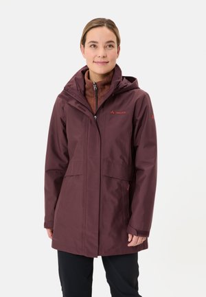 Maroon waterproof jacket with a hood, two front pockets, and a zip closure. Features a soft inner lining and contrasting logo accents.