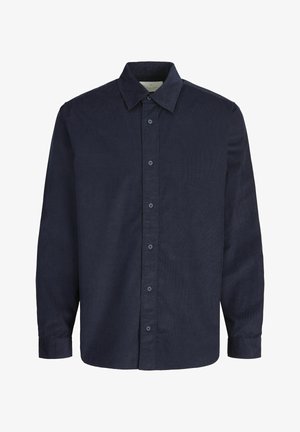 Mørkeblå kordfløjlsskjorte med lange ærmer, knaplukning fortil og klassisk krave. Har et struktureret stof og standardmanchetter.