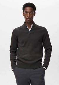 Mørkegrøn strikket sweater med lynlås krave, med en tætsiddende pasform og ribbede manchetter, parret med en hvid skjorte med krave under.