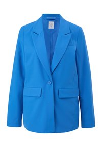Blazer bleu vif à un bouton, revers crantés, poches à rabat et coupe ajustée, taille 36.