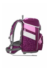 Purple backpack with pink accents, featuring geometric patterns, multiple compartments, gray straps, and a textured finish.