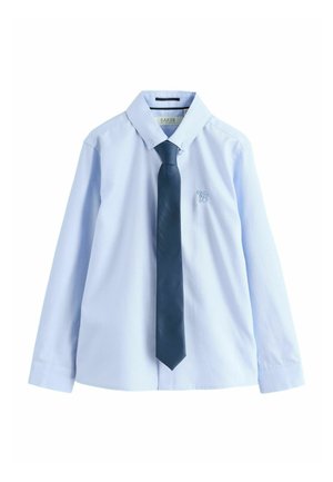 Light blue long-sleeve shirt with a button-down collar and navy tie. Features crisp texture and small embroidered logo on the chest.