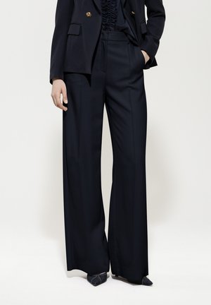 Navy wide-leg trousers with a high waist, made of a smooth fabric. Features a relaxed fit with crisp pleats and side pockets.