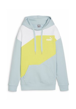 Light blue hoodie with white and yellow diagonal panels, front kangaroo pocket, drawstrings, and Puma logo on the chest.