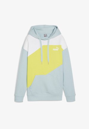 Jasnoniebieska bluza z kapturem z białymi i żółtymi ukośnymi panelami, przednia kieszeń typu kangurek, troczki i logo Puma na piersi.