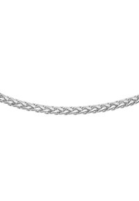 Zilveren metalen kettinghalsketting met een geweven schakelontwerp, een gladde textuur en een gepolijste afwerking. De ketting heeft een uniforme dikte doorheen.