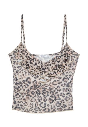 Leopard print tank top with thin straps, ruffled neckline, lightweight fabric, and a relaxed fit. Colors include beige, brown, and black.